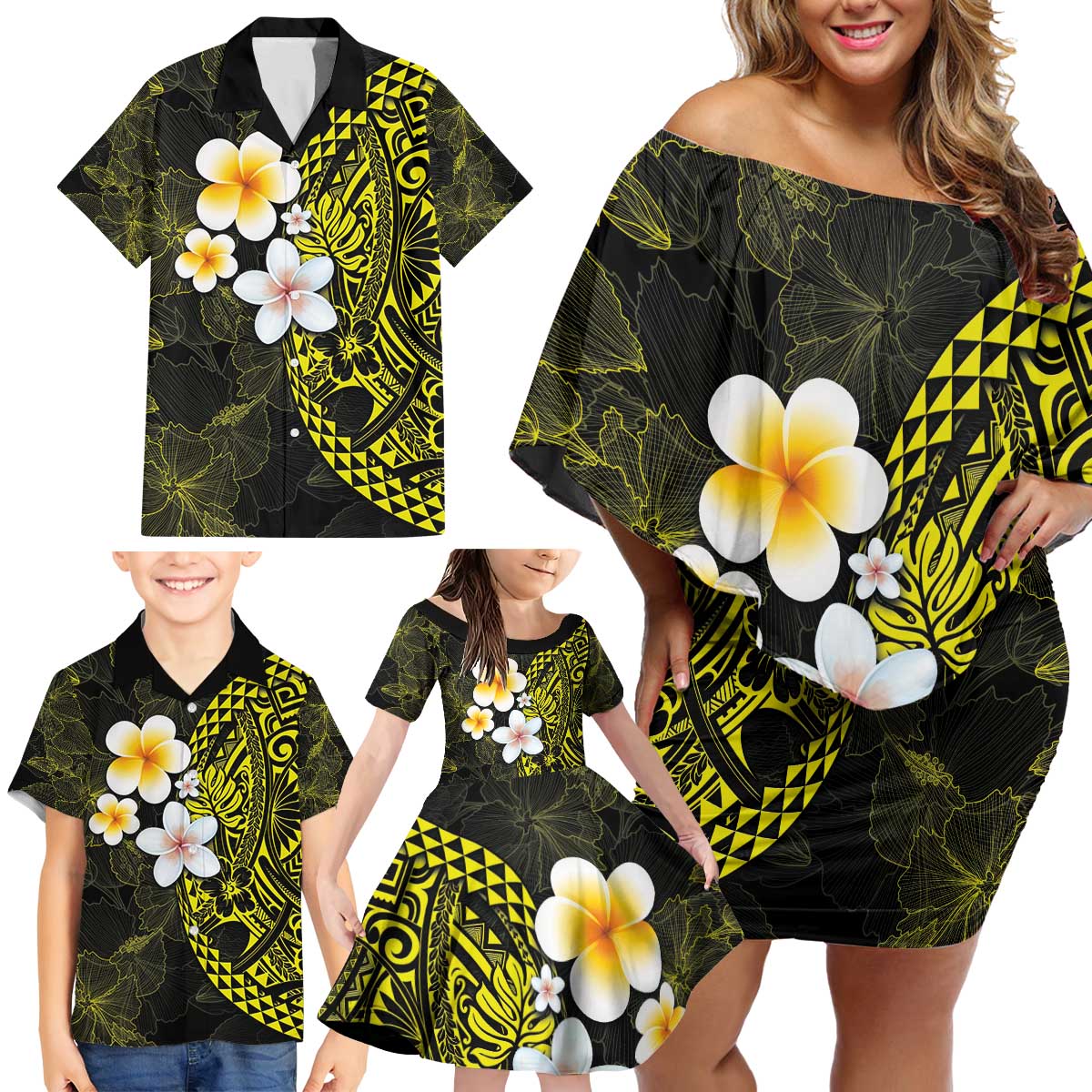 Hawaiian Hibiscus and Plumeria Polynesian Tribal Tattoo Family Matching Off Shoulder Short Dress and Hawaiian Shirt Yellow Color LT03 - Polynesian Pride