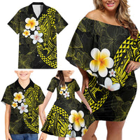 Hawaiian Hibiscus and Plumeria Polynesian Tribal Tattoo Family Matching Off Shoulder Short Dress and Hawaiian Shirt Yellow Color LT03 - Polynesian Pride