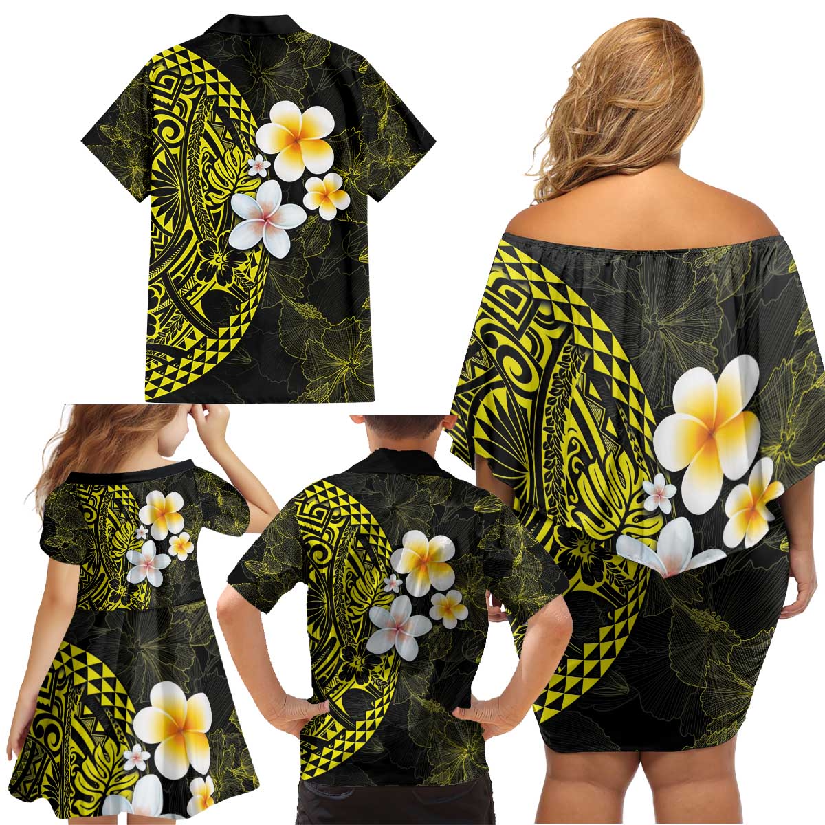Hawaiian Hibiscus and Plumeria Polynesian Tribal Tattoo Family Matching Off Shoulder Short Dress and Hawaiian Shirt Yellow Color LT03 - Polynesian Pride