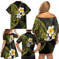 Hawaiian Hibiscus and Plumeria Polynesian Tribal Tattoo Family Matching Off Shoulder Short Dress and Hawaiian Shirt Yellow Color LT03 - Polynesian Pride