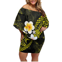 Hawaiian Hibiscus and Plumeria Polynesian Tribal Tattoo Family Matching Off Shoulder Short Dress and Hawaiian Shirt Yellow Color LT03 Mom's Dress Yellow - Polynesian Pride