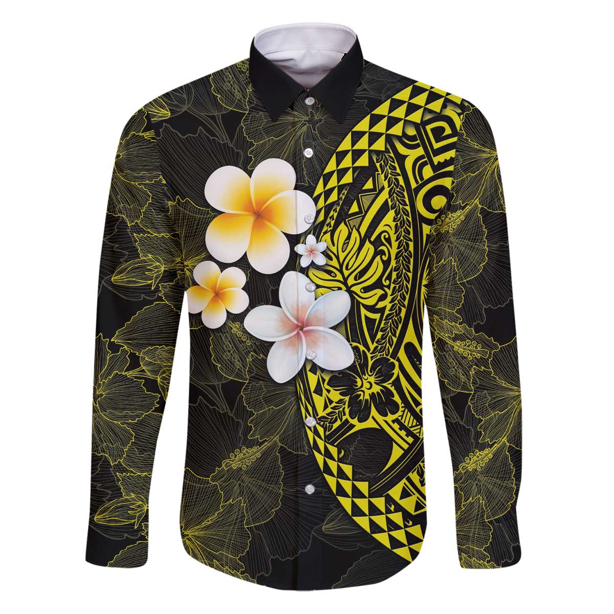 Hawaiian Hibiscus and Plumeria Polynesian Tribal Tattoo Family Matching Puletasi and Hawaiian Shirt Yellow Color LT03 Dad's Shirt - Long Sleeve Yellow - Polynesian Pride