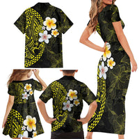 Hawaiian Hibiscus and Plumeria Polynesian Tribal Tattoo Family Matching Short Sleeve Bodycon Dress and Hawaiian Shirt Yellow Color LT03 - Polynesian Pride
