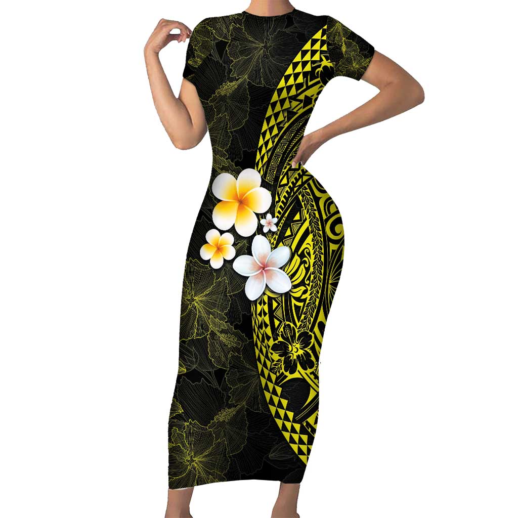 Hawaiian Hibiscus and Plumeria Polynesian Tribal Tattoo Family Matching Short Sleeve Bodycon Dress and Hawaiian Shirt Yellow Color LT03 Mom's Dress Yellow - Polynesian Pride