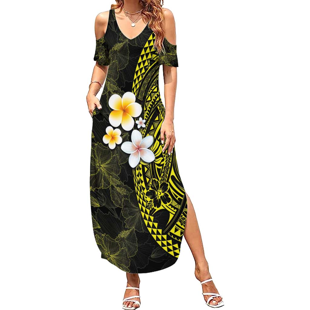 Hawaiian Hibiscus and Plumeria Polynesian Tribal Tattoo Family Matching Summer Maxi Dress and Hawaiian Shirt Yellow Color LT03 Mom's Dress Yellow - Polynesian Pride