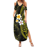Hawaiian Hibiscus and Plumeria Polynesian Tribal Tattoo Family Matching Summer Maxi Dress and Hawaiian Shirt Yellow Color LT03 Mom's Dress Yellow - Polynesian Pride
