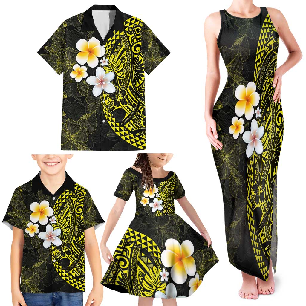Hawaiian Hibiscus and Plumeria Polynesian Tribal Tattoo Family Matching Tank Maxi Dress and Hawaiian Shirt Yellow Color