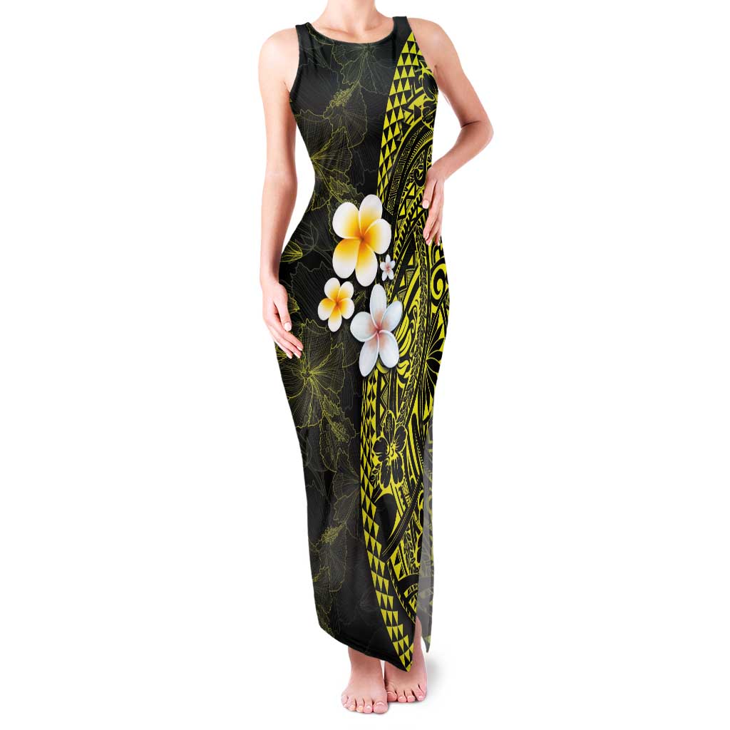 Hawaiian Hibiscus and Plumeria Polynesian Tribal Tattoo Family Matching Tank Maxi Dress and Hawaiian Shirt Yellow Color LT03 Mom's Dress Yellow - Polynesian Pride