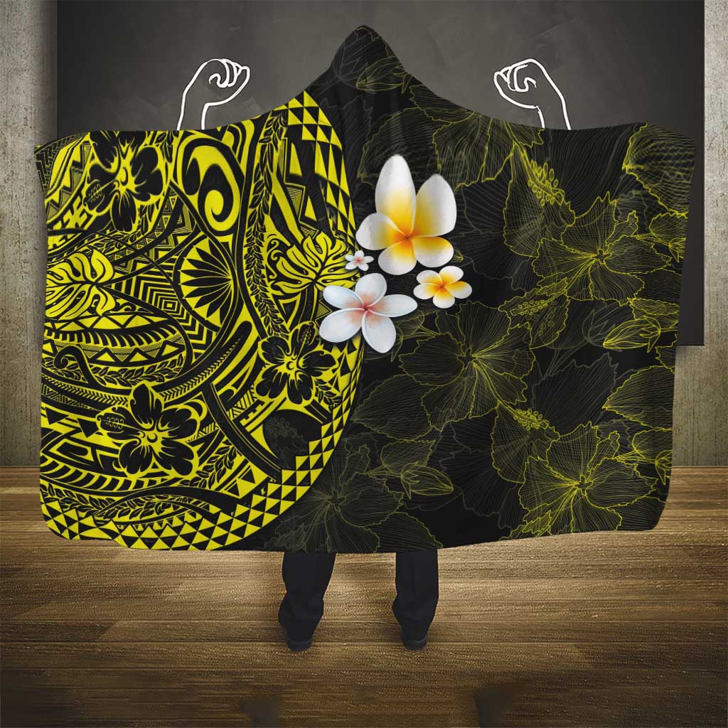 Hawaiian Hibiscus and Plumeria Polynesian Tribal Tattoo Hooded Blanket Yellow Color LT03 - Polynesian Pride