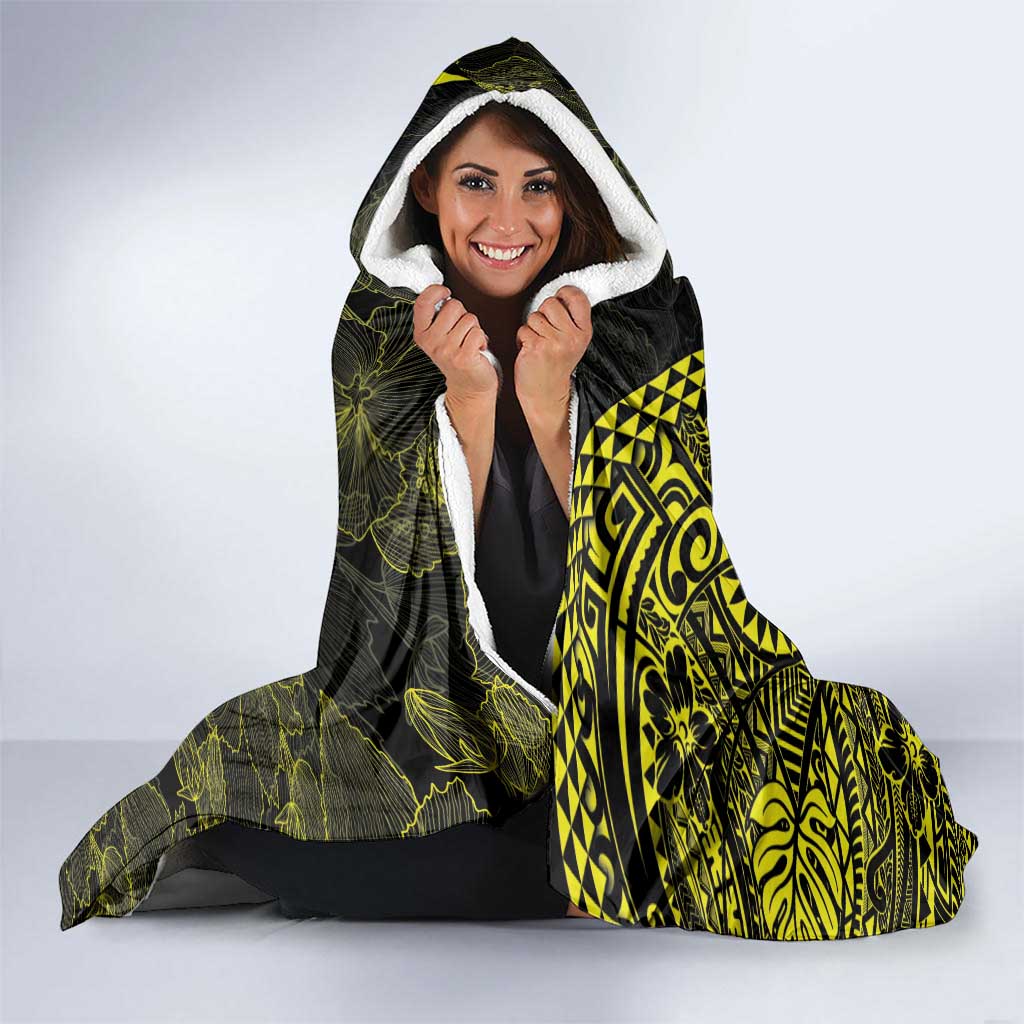 Hawaiian Hibiscus and Plumeria Polynesian Tribal Tattoo Hooded Blanket Yellow Color LT03 - Polynesian Pride