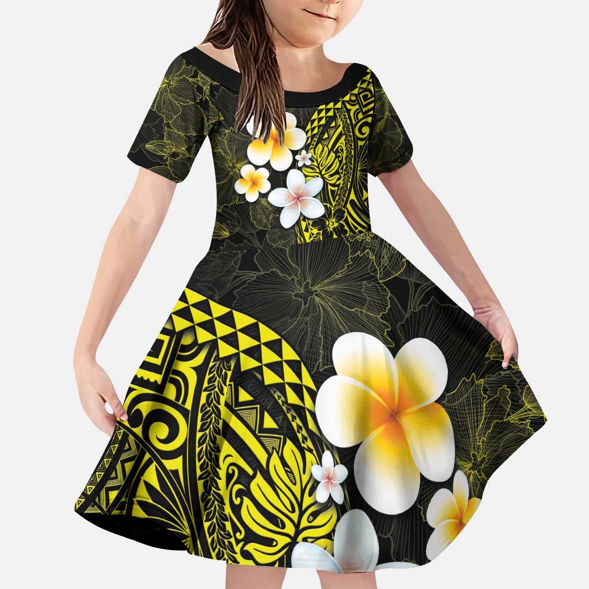Hawaiian Hibiscus and Plumeria Polynesian Tribal Tattoo Kid Short Sleeve Dress Yellow Color LT03 KID Yellow - Polynesian Pride