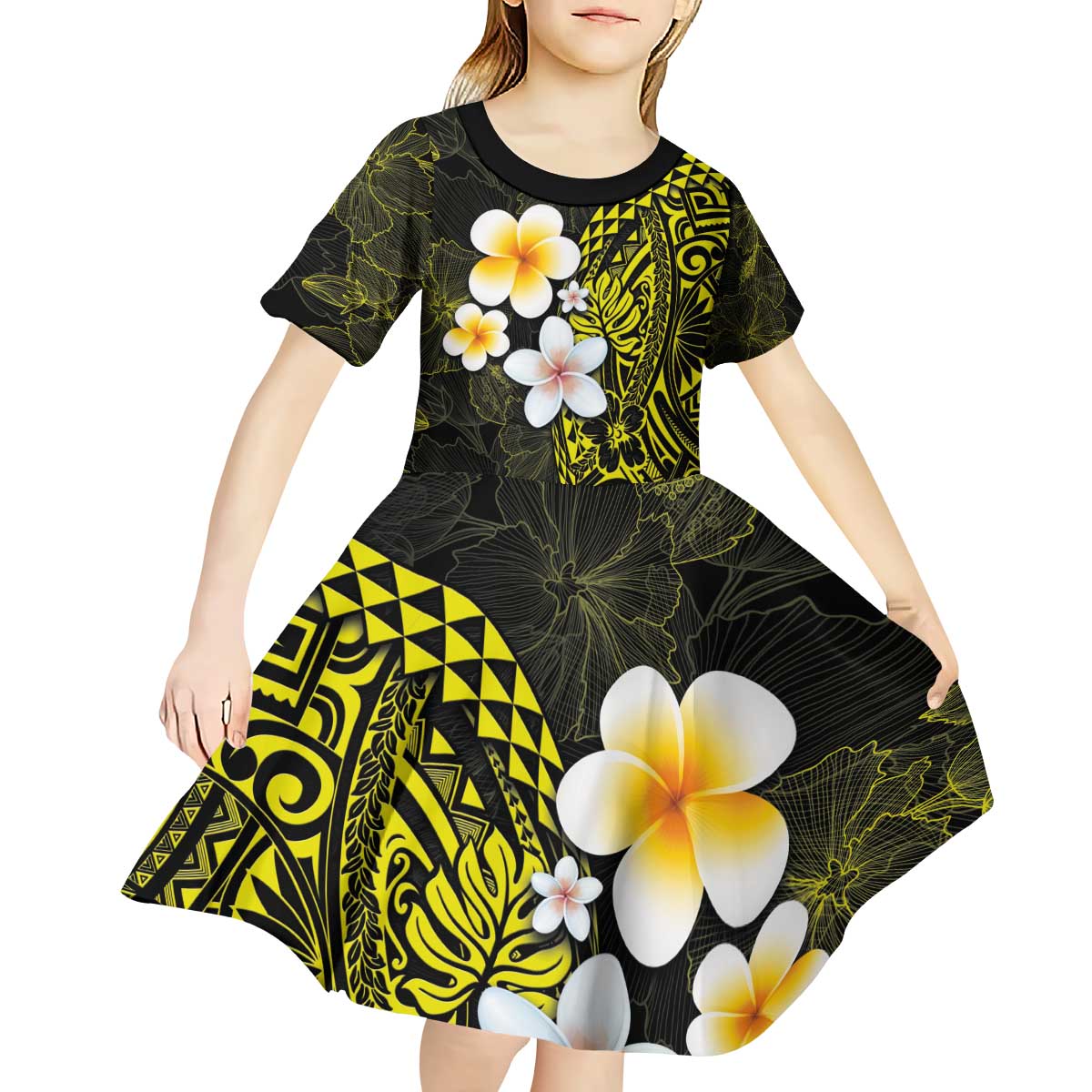 Hawaiian Hibiscus and Plumeria Polynesian Tribal Tattoo Kid Short Sleeve Dress Yellow Color LT03 - Polynesian Pride