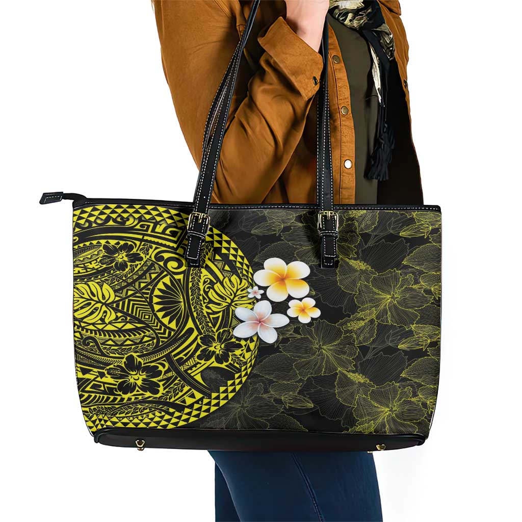 Hawaiian Hibiscus and Plumeria Polynesian Tribal Tattoo Leather Tote Bag Yellow Color LT03 - Polynesian Pride