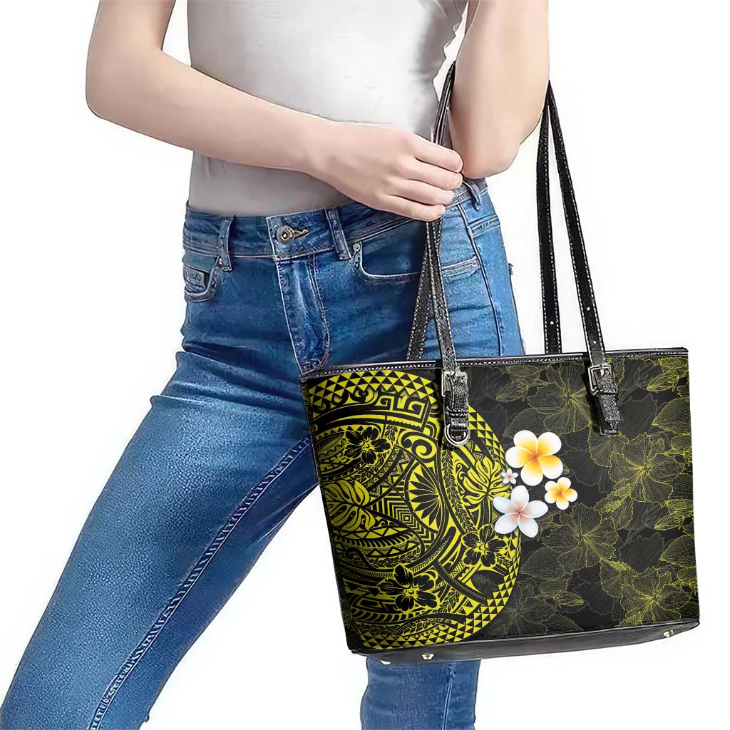 Hawaiian Hibiscus and Plumeria Polynesian Tribal Tattoo Leather Tote Bag Yellow Color LT03 - Polynesian Pride