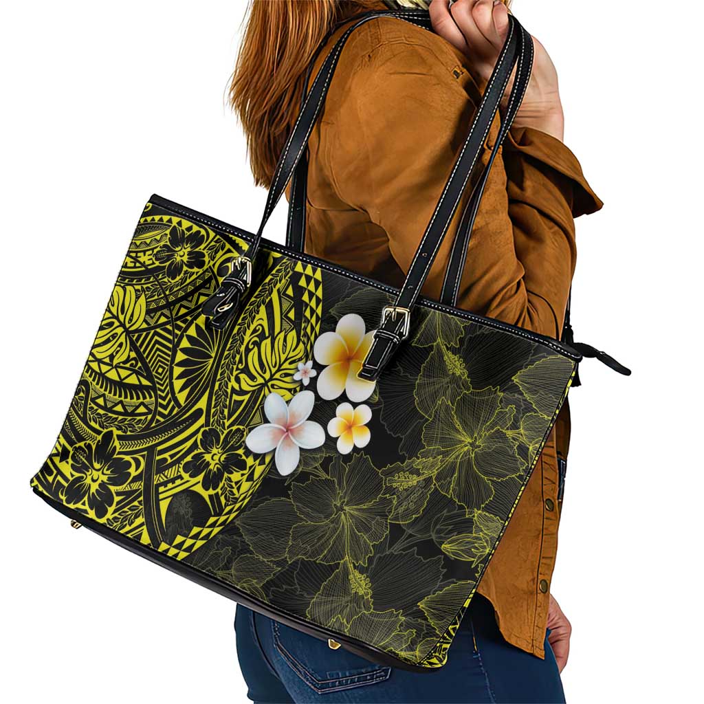 Hawaiian Hibiscus and Plumeria Polynesian Tribal Tattoo Leather Tote Bag Yellow Color LT03 - Polynesian Pride