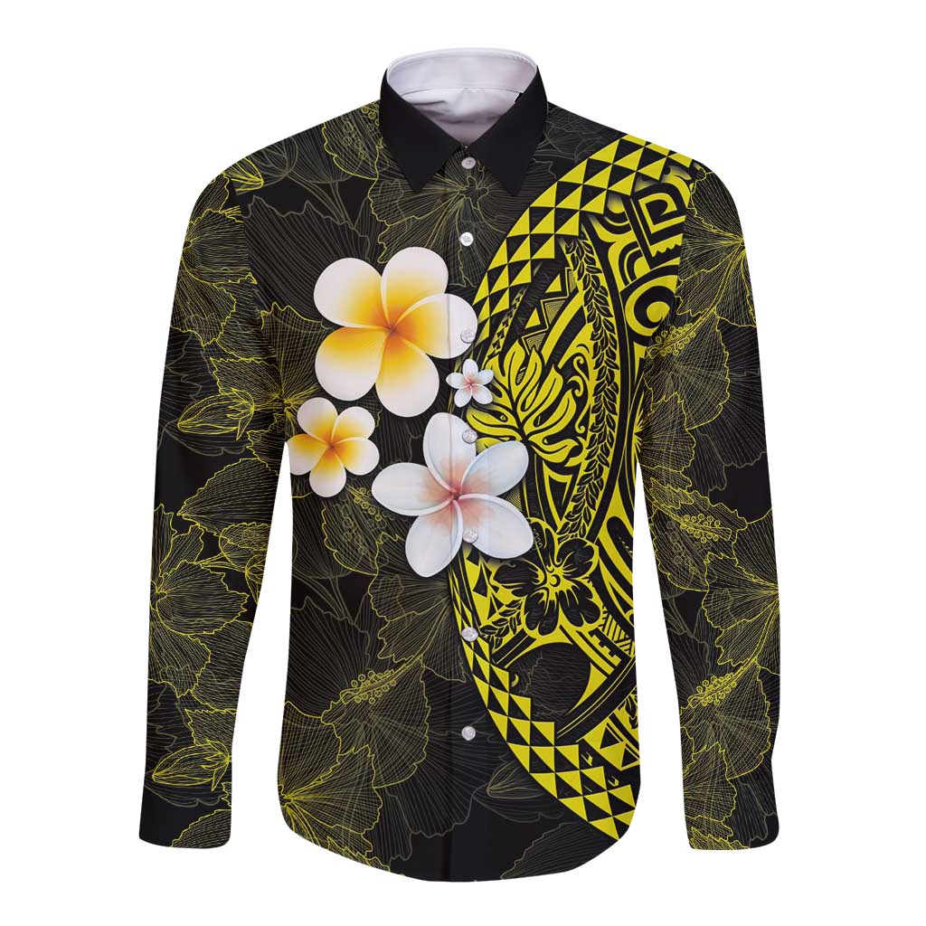 Hawaiian Hibiscus and Plumeria Polynesian Tribal Tattoo Long Sleeve Button Shirt Yellow Color LT03 Unisex Yellow - Polynesian Pride