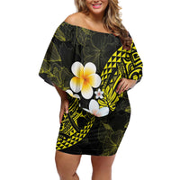 Hawaiian Hibiscus and Plumeria Polynesian Tribal Tattoo Off Shoulder Short Dress Yellow Color LT03 Women Yellow - Polynesian Pride