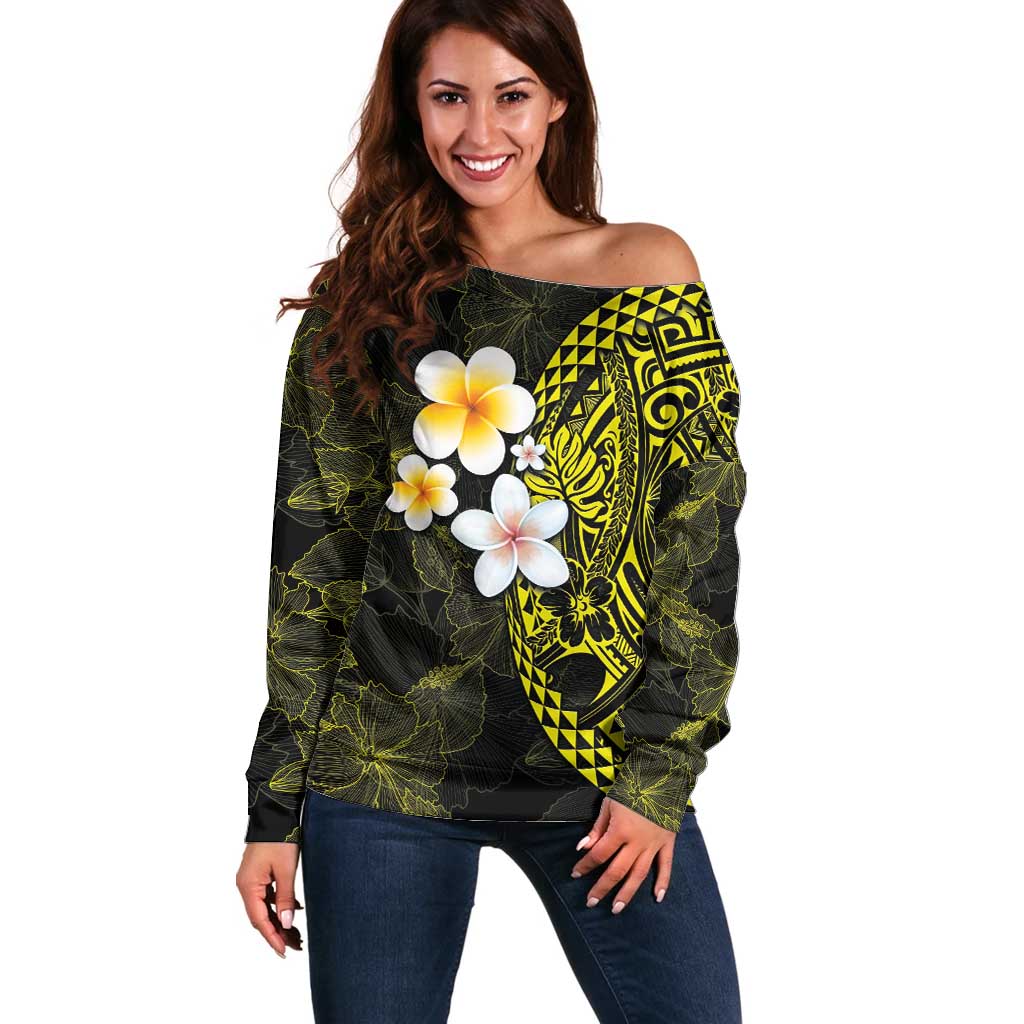 Hawaiian Hibiscus and Plumeria Polynesian Tribal Tattoo Off Shoulder Sweater Yellow Color LT03 Women Yellow - Polynesian Pride