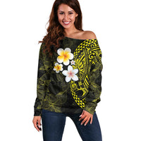 Hawaiian Hibiscus and Plumeria Polynesian Tribal Tattoo Off Shoulder Sweater Yellow Color LT03 Women Yellow - Polynesian Pride