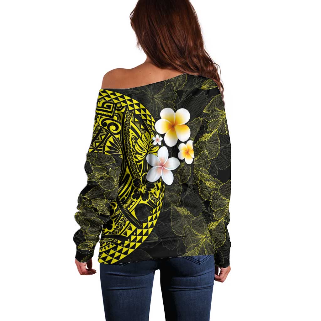 Hawaiian Hibiscus and Plumeria Polynesian Tribal Tattoo Off Shoulder Sweater Yellow Color LT03 - Polynesian Pride
