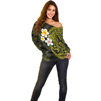 Hawaiian Hibiscus and Plumeria Polynesian Tribal Tattoo Off Shoulder Sweater Yellow Color LT03 - Polynesian Pride