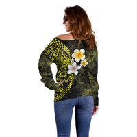 Hawaiian Hibiscus and Plumeria Polynesian Tribal Tattoo Off Shoulder Sweater Yellow Color LT03 - Polynesian Pride