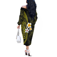 Hawaiian Hibiscus and Plumeria Polynesian Tribal Tattoo Off The Shoulder Long Sleeve Dress Yellow Color LT03 - Polynesian Pride