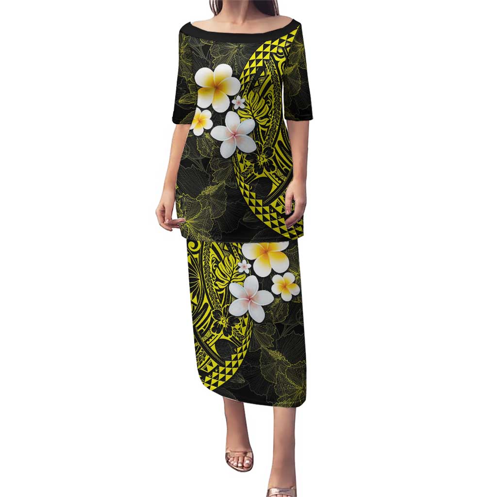 Hawaiian Hibiscus and Plumeria Polynesian Tribal Tattoo Puletasi Yellow Color LT03 Long Dress Yellow - Polynesian Pride