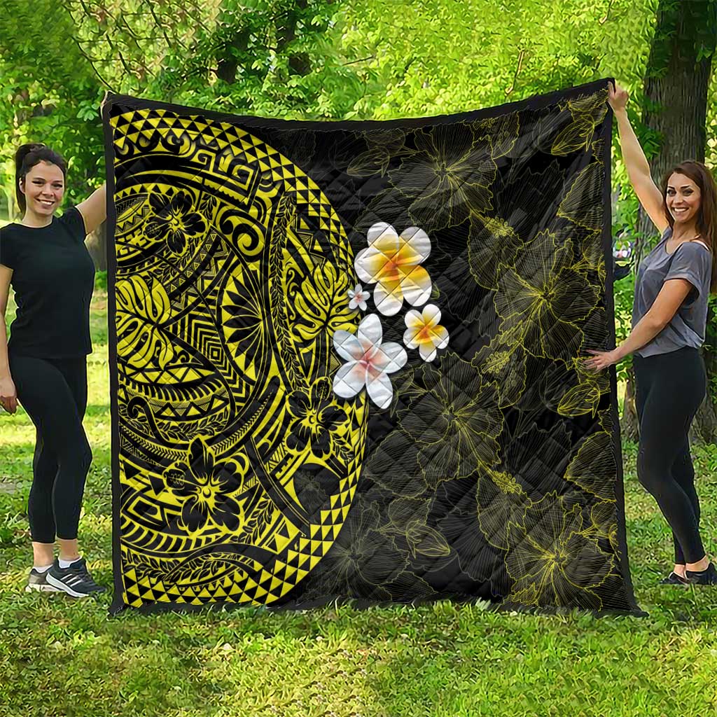 Hawaiian Hibiscus and Plumeria Polynesian Tribal Tattoo Quilt Yellow Color LT03 - Polynesian Pride