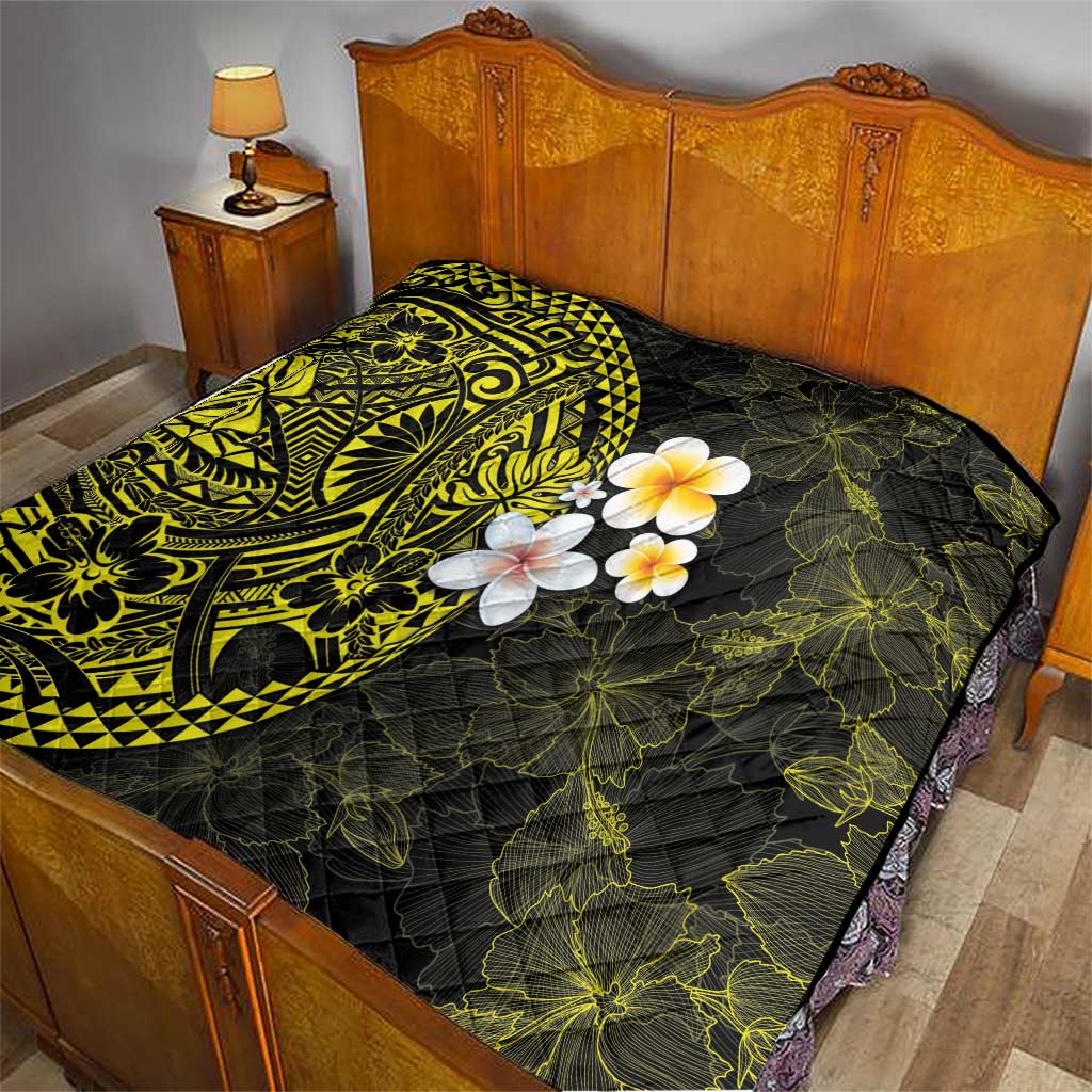 Hawaiian Hibiscus and Plumeria Polynesian Tribal Tattoo Quilt Yellow Color LT03 - Polynesian Pride