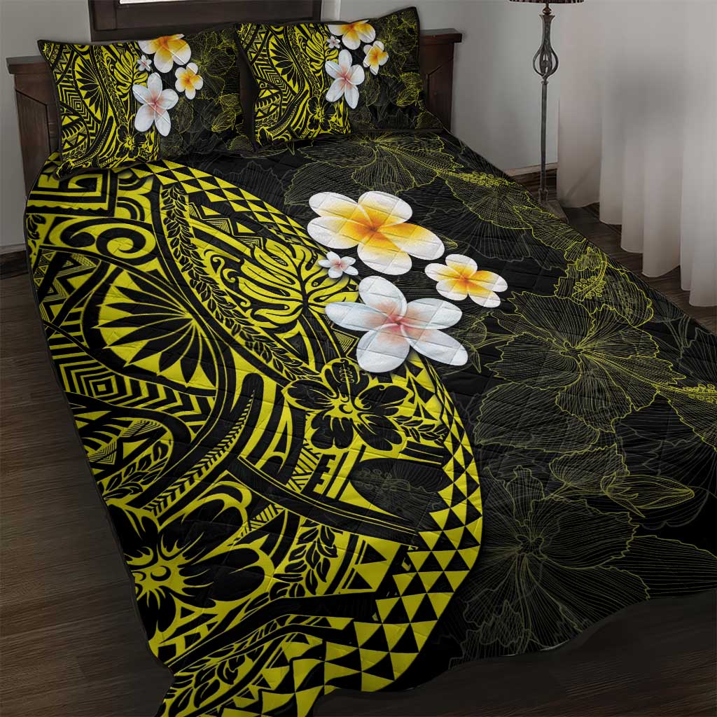 Hawaiian Hibiscus and Plumeria Polynesian Tribal Tattoo Quilt Bed Set Yellow Color LT03 Yellow - Polynesian Pride