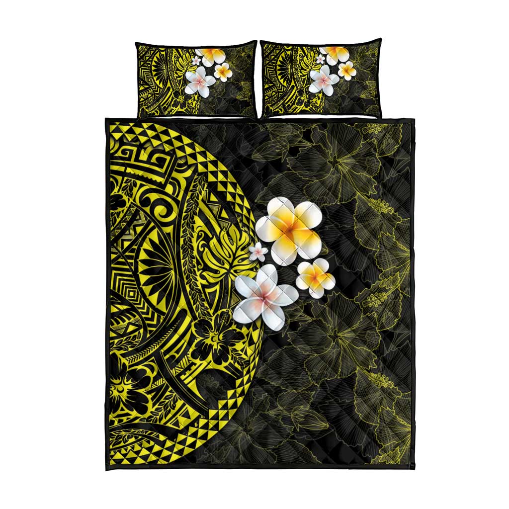 Hawaiian Hibiscus and Plumeria Polynesian Tribal Tattoo Quilt Bed Set Yellow Color LT03 - Polynesian Pride