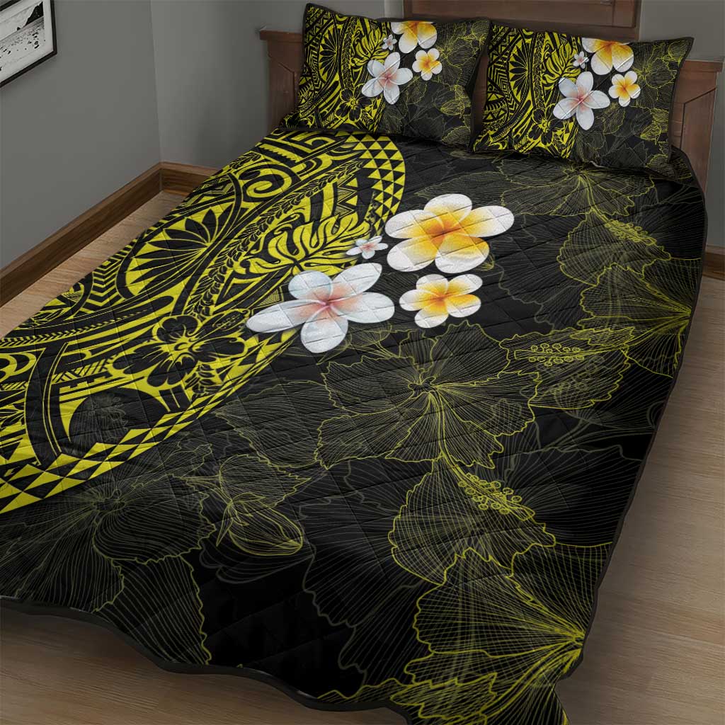 Hawaiian Hibiscus and Plumeria Polynesian Tribal Tattoo Quilt Bed Set Yellow Color LT03 - Polynesian Pride