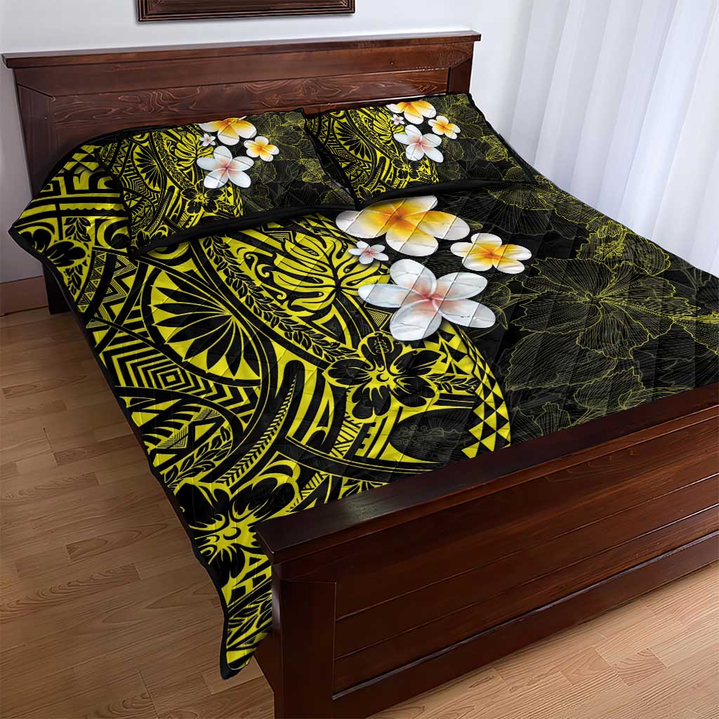 Hawaiian Hibiscus and Plumeria Polynesian Tribal Tattoo Quilt Bed Set Yellow Color LT03 - Polynesian Pride