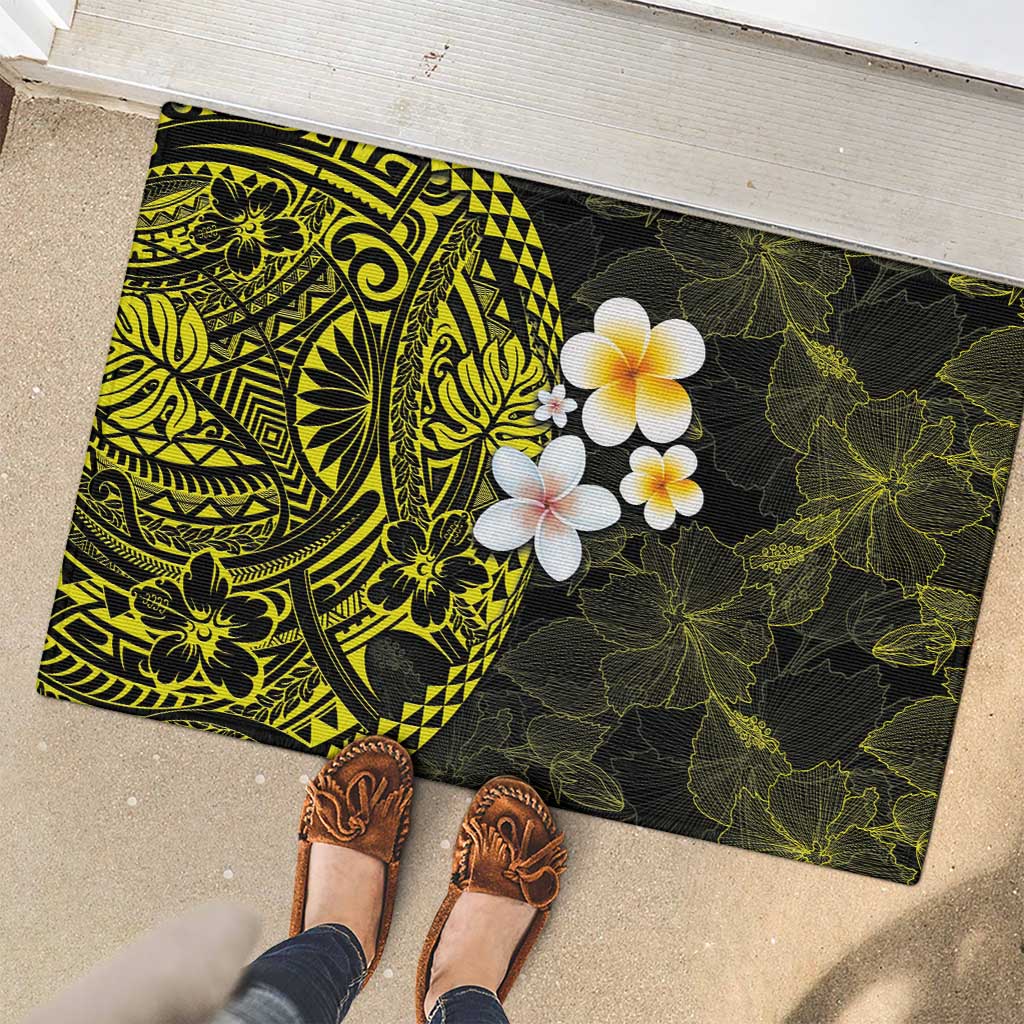 Hawaiian Hibiscus and Plumeria Polynesian Tribal Tattoo Rubber Doormat Yellow Color LT03 - Polynesian Pride