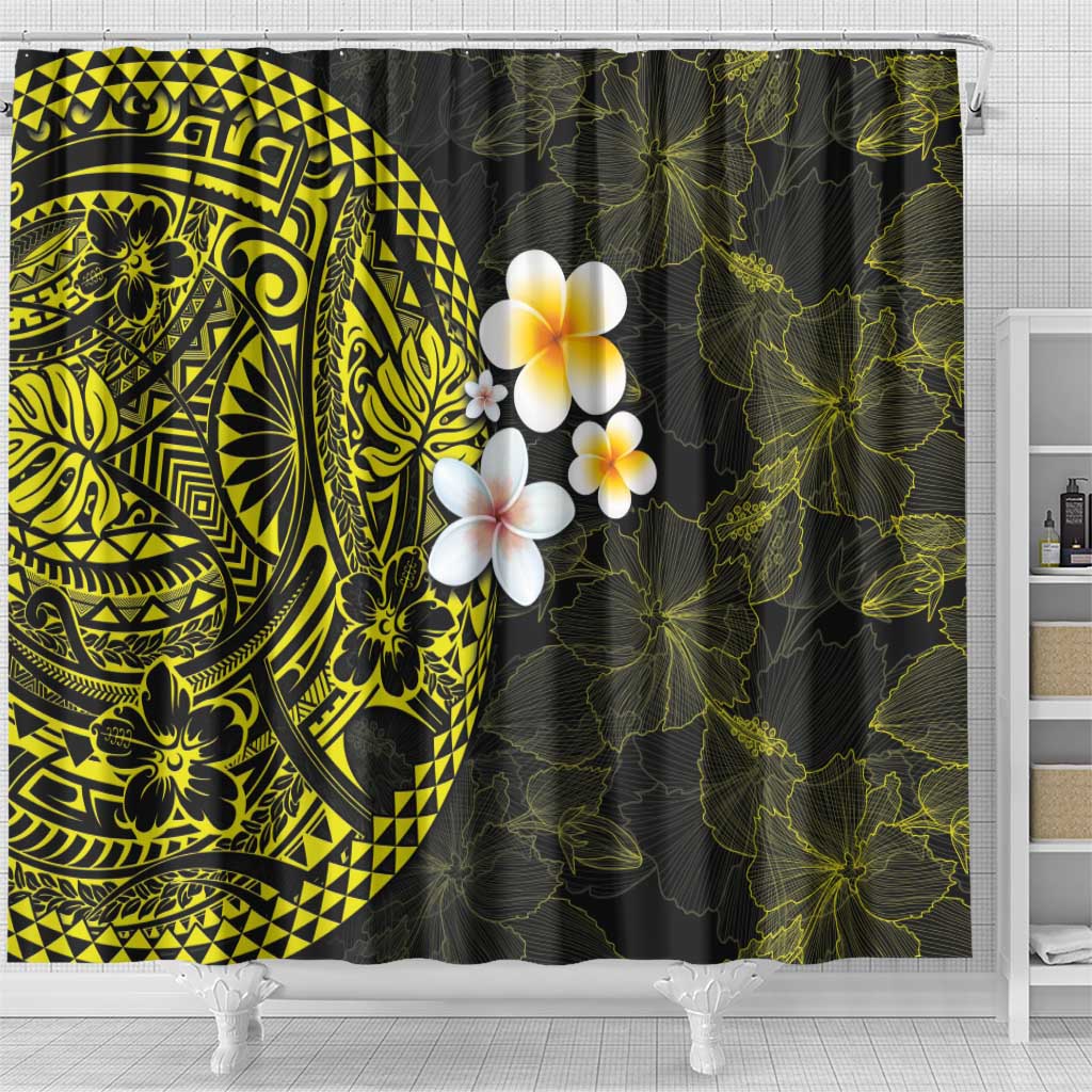 Hawaiian Hibiscus and Plumeria Polynesian Tribal Tattoo Shower Curtain Yellow Color LT03 - Polynesian Pride