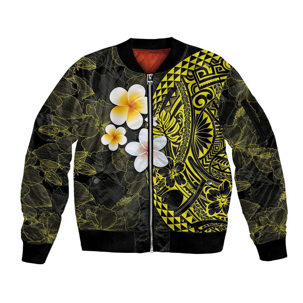 Hawaiian Hibiscus and Plumeria Polynesian Tribal Tattoo Sleeve Zip Bomber Jacket Yellow Color LT03 Unisex Yellow - Polynesian Pride