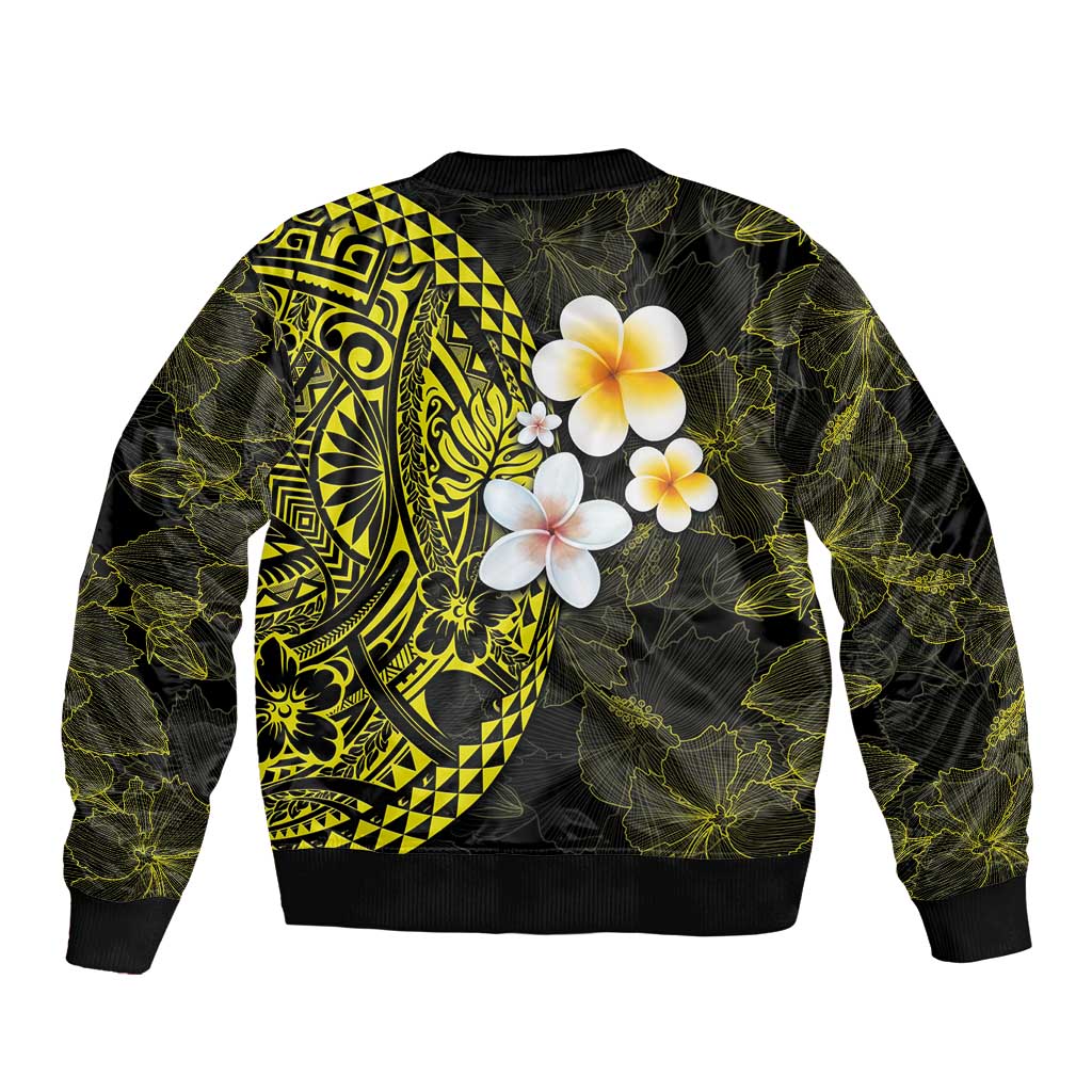 Hawaiian Hibiscus and Plumeria Polynesian Tribal Tattoo Sleeve Zip Bomber Jacket Yellow Color LT03 - Polynesian Pride
