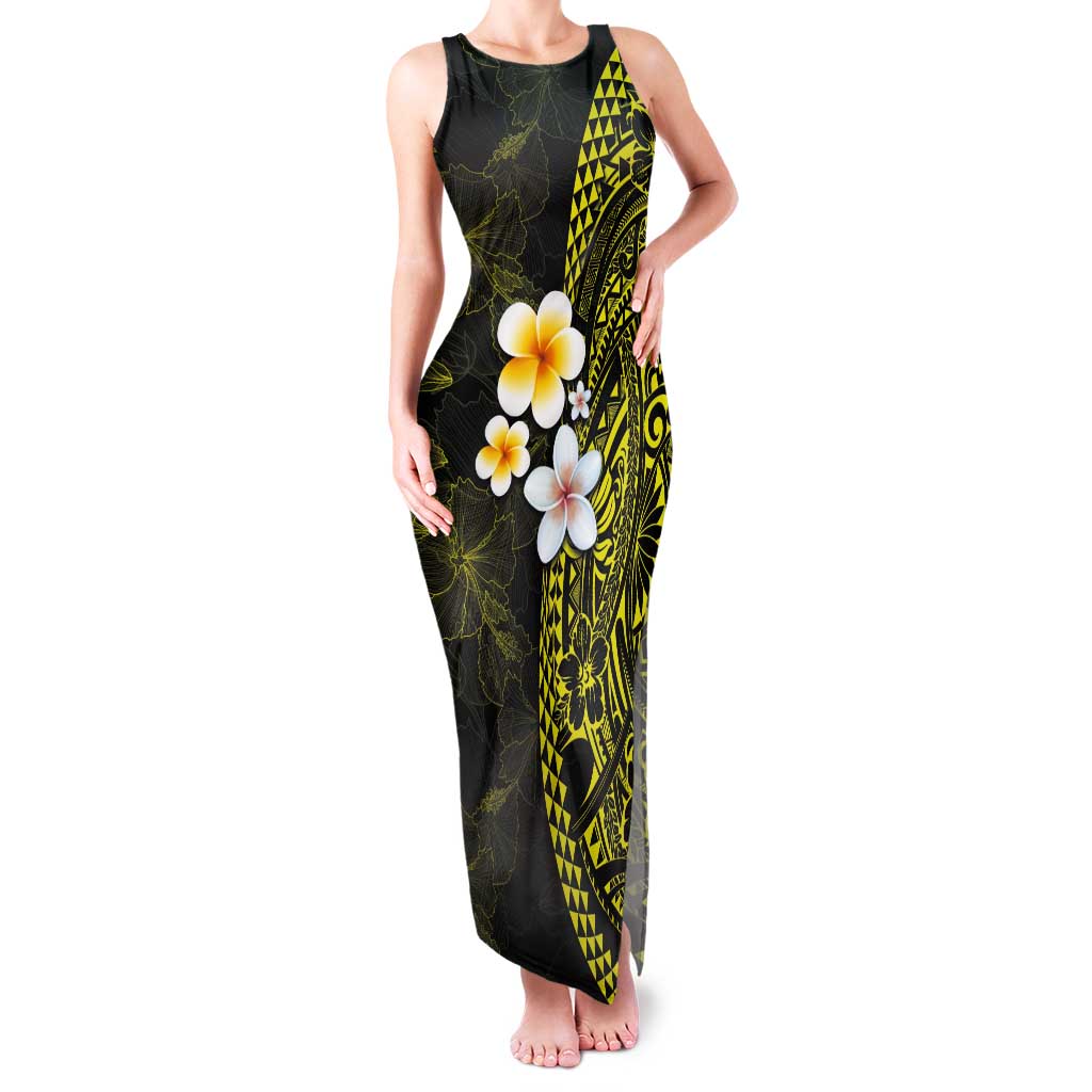 Hawaiian Hibiscus and Plumeria Polynesian Tribal Tattoo Tank Maxi Dress Yellow Color LT03 Women Yellow - Polynesian Pride