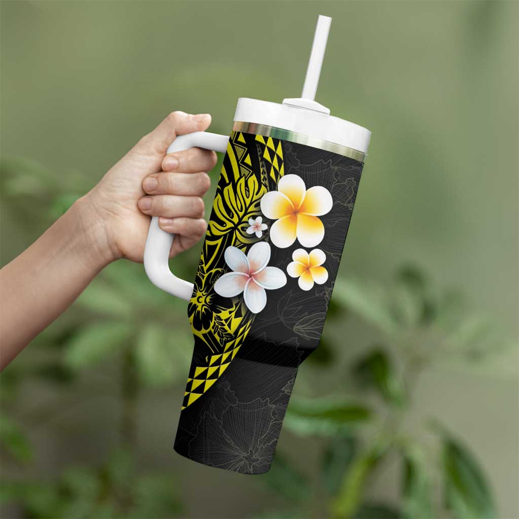 Hawaiian Hibiscus and Plumeria Polynesian Tribal Tattoo Tumbler With Handle Yellow Color LT03 - Polynesian Pride