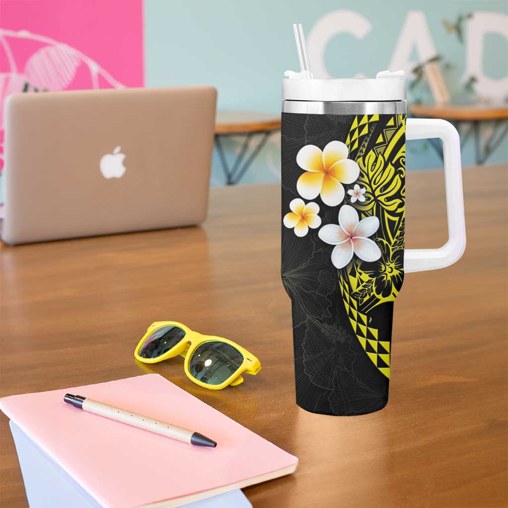 Hawaiian Hibiscus and Plumeria Polynesian Tribal Tattoo Tumbler With Handle Yellow Color LT03 - Polynesian Pride