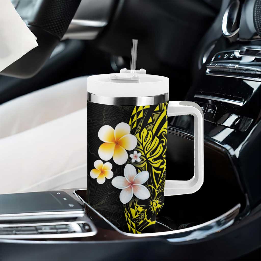 Hawaiian Hibiscus and Plumeria Polynesian Tribal Tattoo Tumbler With Handle Yellow Color LT03 - Polynesian Pride
