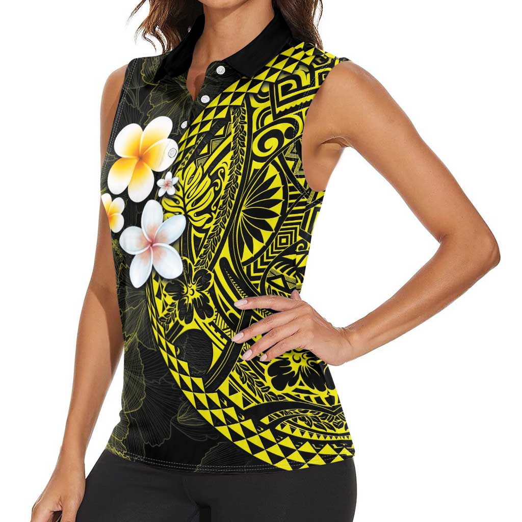 Hawaiian Hibiscus and Plumeria Polynesian Tribal Tattoo Women Sleeveless Polo Shirt Yellow Color LT03 - Polynesian Pride