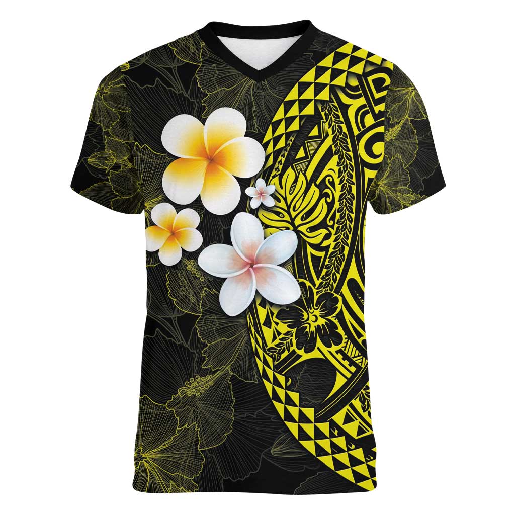 Hawaiian Hibiscus and Plumeria Polynesian Tribal Tattoo Women V-Neck T-Shirt Yellow Color LT03 Female Yellow - Polynesian Pride