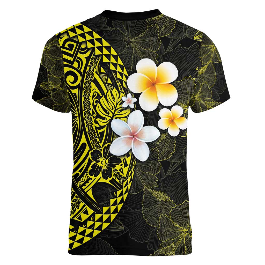 Hawaiian Hibiscus and Plumeria Polynesian Tribal Tattoo Women V-Neck T-Shirt Yellow Color LT03 - Polynesian Pride