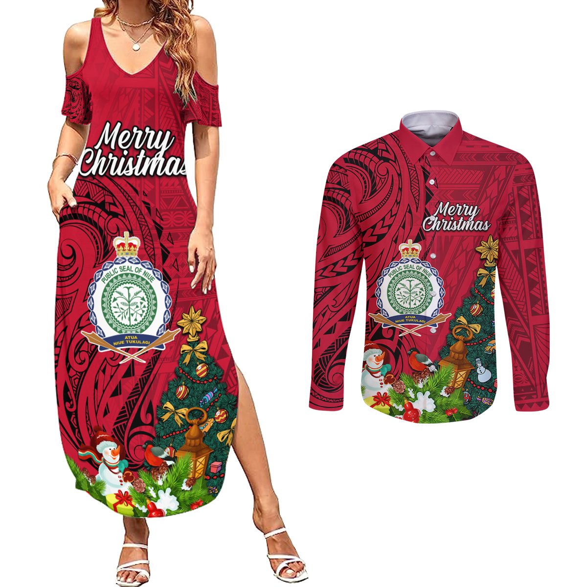 Niue Christmas Couples Matching Summer Maxi Dress and Long Sleeve Button Shirt Coat of Arms and Polynesian Tattoo Xmas Element Christmas Red Vibe LT03 Red - Polynesian Pride