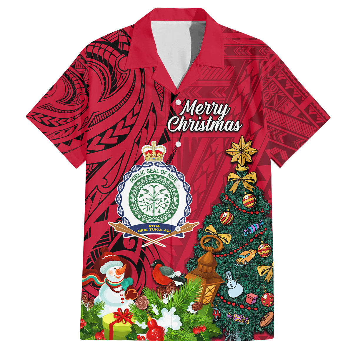 Niue Christmas Family Matching Off Shoulder Short Dress and Hawaiian Shirt Coat of Arms and Polynesian Tattoo Xmas Element Christmas Red Vibe LT03 Dad's Shirt - Short Sleeve Red - Polynesian Pride