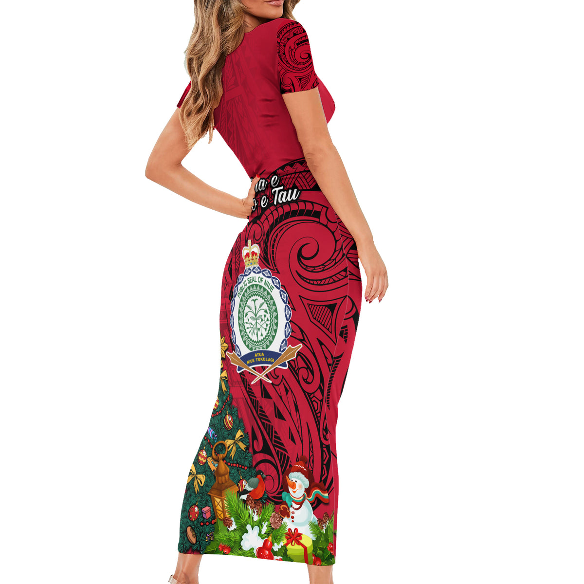 Niue Christmas Short Sleeve Bodycon Dress Coat of Arms and Polynesian Tattoo Xmas Element Christmas Red Vibe LT03 - Polynesian Pride