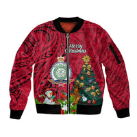 Niue Christmas Sleeve Zip Bomber Jacket Coat of Arms and Polynesian Tattoo Xmas Element Christmas Red Vibe LT03 Unisex Red - Polynesian Pride