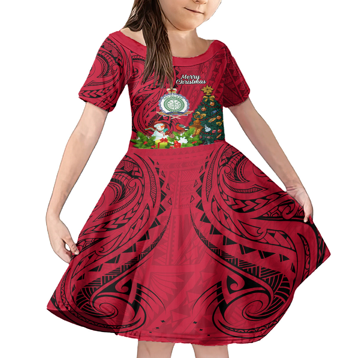 Personalised Niue Christmas Family Matching Off Shoulder Maxi Dress and Hawaiian Shirt Coat of Arms and Polynesian Tattoo Xmas Element Christmas Red Vibe LT03 Daughter's Dress Red - Polynesian Pride